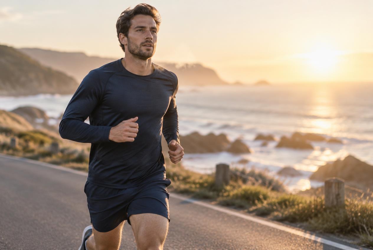 A runner on an empty coastal road at first light